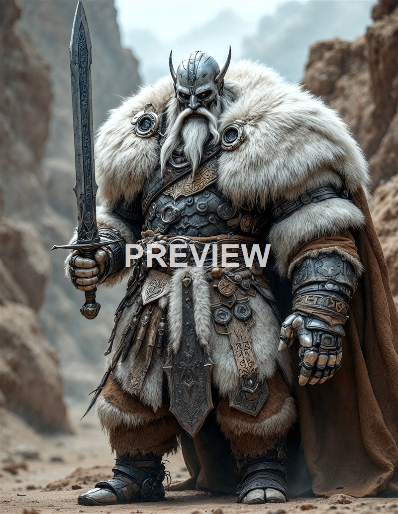 A large, armored warrior with a long white beard, wearing a fur cloak and horned helmet, holding a sword in a rocky, mountainous landscape.